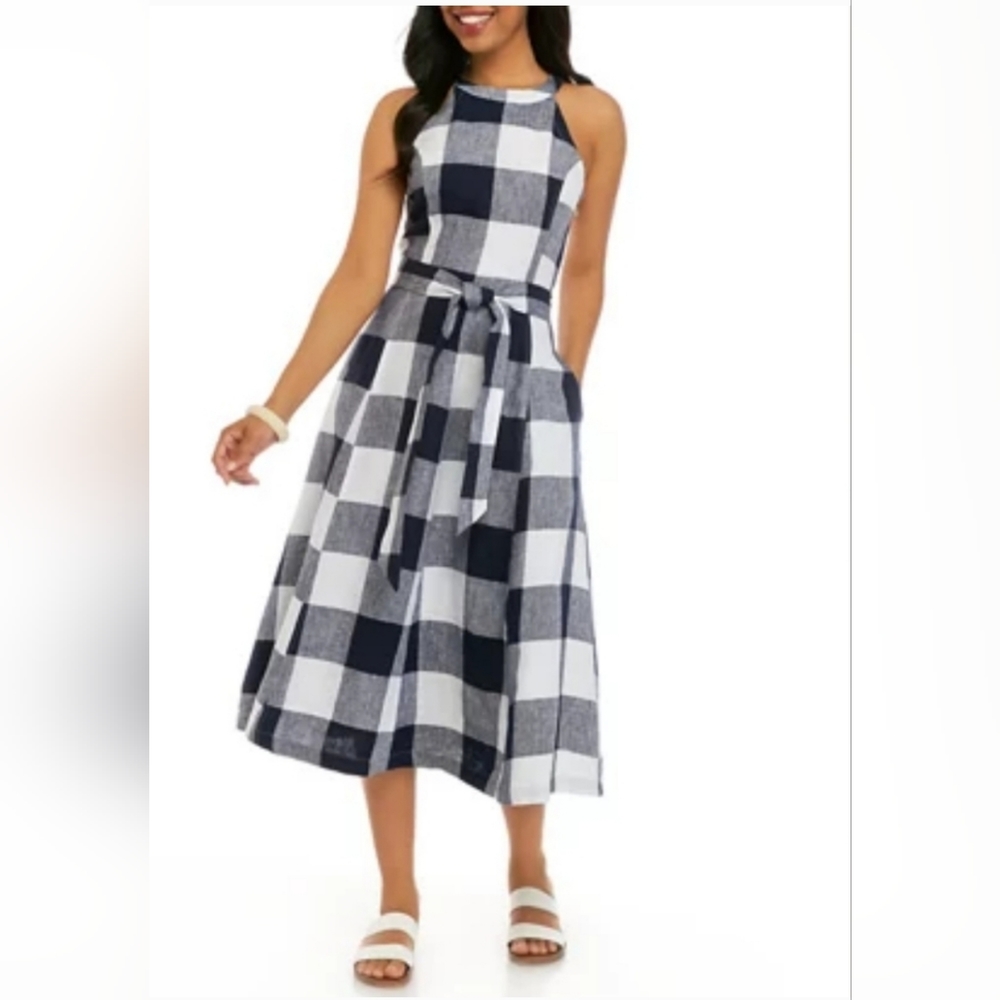 Crown & Ivy women Ladies Eyelet Midi dress blue/WHT Strap tie Tiered NWOT 